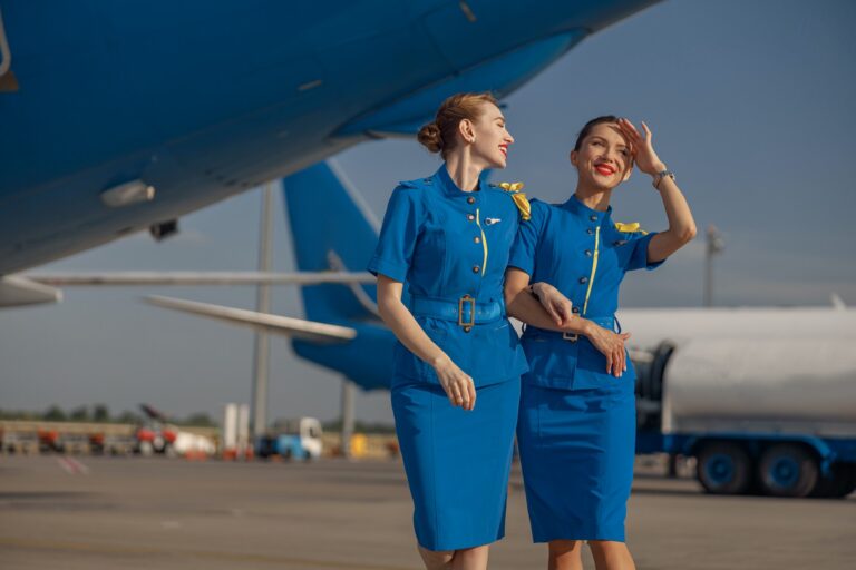 Two cheerful air stewardesses in bright blue uniform walking outdoors