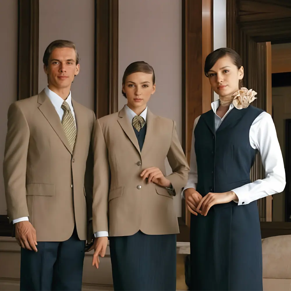 Hotel Staff wearing combination of bottle green and brown provided by studio unfiorms